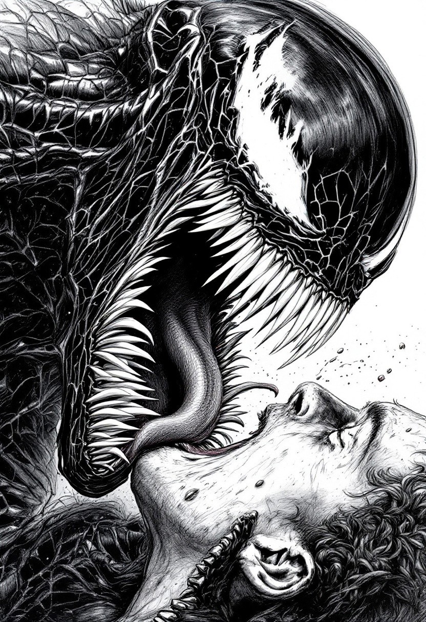 A cinematic medium shot of Venom from the Spider-Man movie. The symbiote's teeth, tongue, and inner mouth are visible as it eats the head of a human. The background is white. The image is a pencil sketch with a high level of detail.