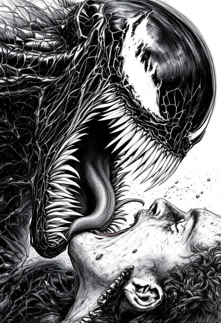 A cinematic medium shot of Venom from the Spider-Man movie. The symbiote's teeth, tongue, and inner mouth are visible as it eats the head of a human. The background is white. The image is a pencil sketch with a high level of detail.