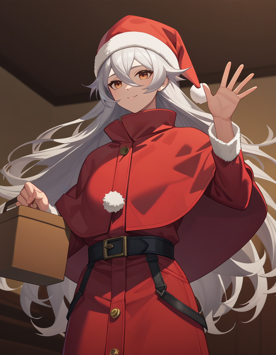 score_9,score_8_up,score_7_up,looking at viewer,(santa:1.2),santa_hat,waving,;d,leaning_forward,cowboy shot,
<lora:luxini_pony:0.6>,luxini,1girl,solo,long hair,bangs,hair between eyes,cinematic_angle,
<lora:Anime_Screencap:1>,anime screencap,
