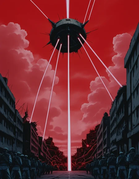 6+boys, battle, action, hat, android, laser, laser beam, post-apocalypse, science fiction,
red sky, clouds, machinery,
masterpiece, best quality, incredibly absurdres, absurdres, <lora:403d8f89-cda1-4154-ab18-8591a997e125:1.0>