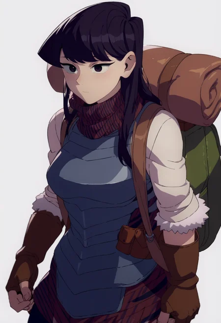 source_anime, score_9, score_8_up, score_7_up, rating_excplicit, 1girl, komi shouko, ,<lora:DMAnimeStyle:1> half-foot, gloves, backpack, bag, fingerless gloves, boots, armor, fur trim