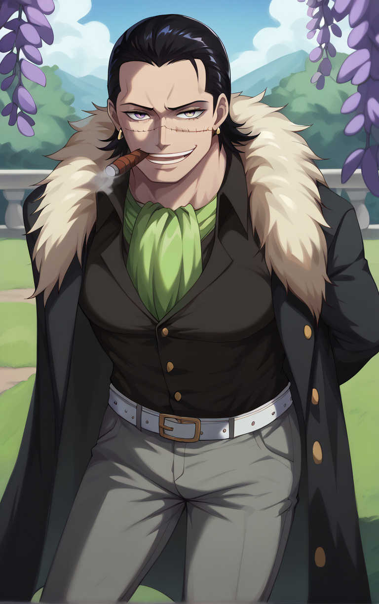 score_9, score_8_up, score_7_up, looking at viewer,  BREAK
MarineFord_Crocodile_ownwaifu, 
1boy, black eyes, black hair, hair slicked back, hook, male focus, scar on face, single earring, smoking, scar, jewelry, earrings, smile, stitches, teeth, short hair, long hair, cigarette, evil smile, 
black coat, black shirt, cigar, fur trim, green ascot, grey pants, fur coat, ascot, belt, pants, coat, coat on shoulders, shirt, cape, fur-trimmed coat, long sleeves, vest
(leaning forward, arms behind back), cowboy shot, garden, wisteria, outdoors, <lora:PONYXL_Pre_ONEPIECE_Crocodile_ownwaifu:0.85> , depth of field, solo, Interesting Image, Captivating Image,