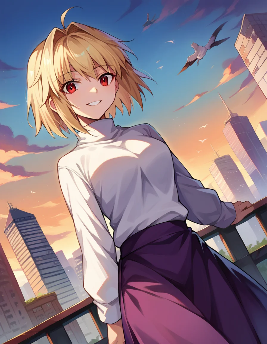 score_9, score_8_up, score_7_up, source_anime,
arcueidbrunestud, <lora:arcuid-brunestud-ponyxl-lora-nochekaiser:1>,
arcueid brunestud, blonde hair, red eyes, short hair, ahoge,
long skirt, purple skirt, skirt, sweater, turtleneck, white sweater,
outdoors, cityscape, smile,
looking at viewer, dutch angle,