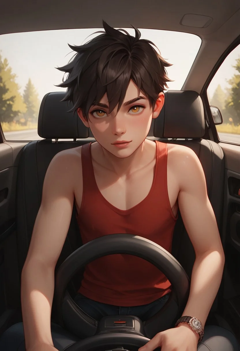 score_9, score_8_up, score_7_up, score_6_up, 1, a boy , short black fuzy hair, cute face, looking viewer, (red tank top), looking viewer, inside a car, driving, front seat,