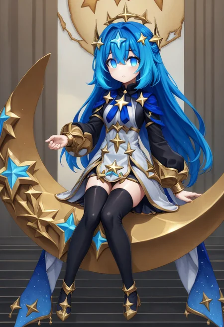 Lena, hair ornament, gold ornaments, blue hair, no pupils, blue eyes, black thighhighs, sitting, star hair ornament, star (symbol)