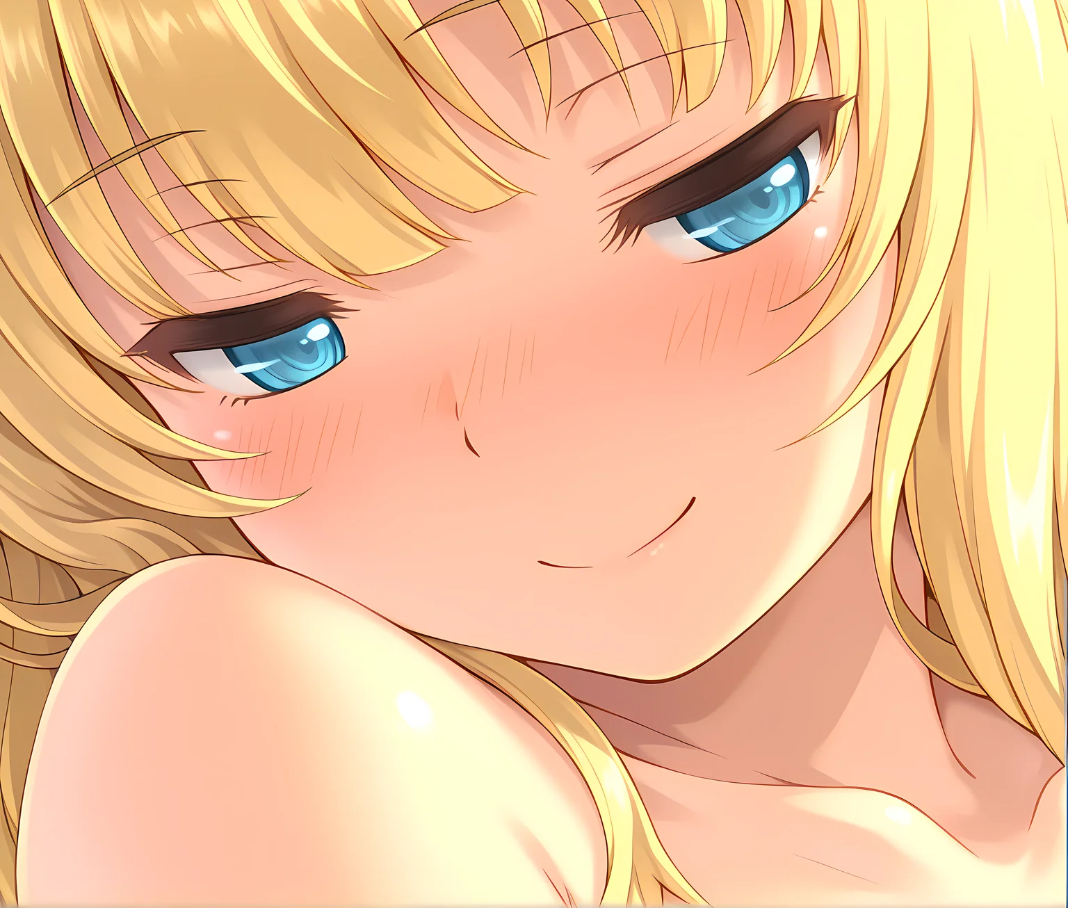 <lora:Erika_Andersã¨ã¼ãªã«ã¢ã³ãã«ã¹_-_Escude_-_Relord:0.9>,eranders,blonde hair,long hair,blue eyes,solo,close-up,seductive smile,teasing,half-closed eyes,blush,aroused,bare shoulders,, masterpiece,best quality,amazing quality, very aesthetic, absurdres,detailed eyes,ultra-detailed,