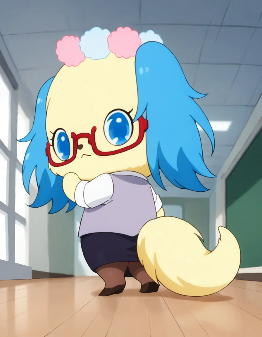 score_9, score_8_up, score_7_up, source_furry, realistic, furry, no humans, solo, jpsapphie-t, female, chibi, feral, 3 toes, yellow body, yellow face, (blue ears), yellow tail, flower crown, white shirt, grey cardigan, red glasses, black skirt, stockings, pumps, blue eyes, looking back, looking at viewer, :o, wondered, standing, a hand on mouth, walking, detailed background, school, corridor, from below, low-angle view <lora:jp_TeacherSapphie_Pony:1>