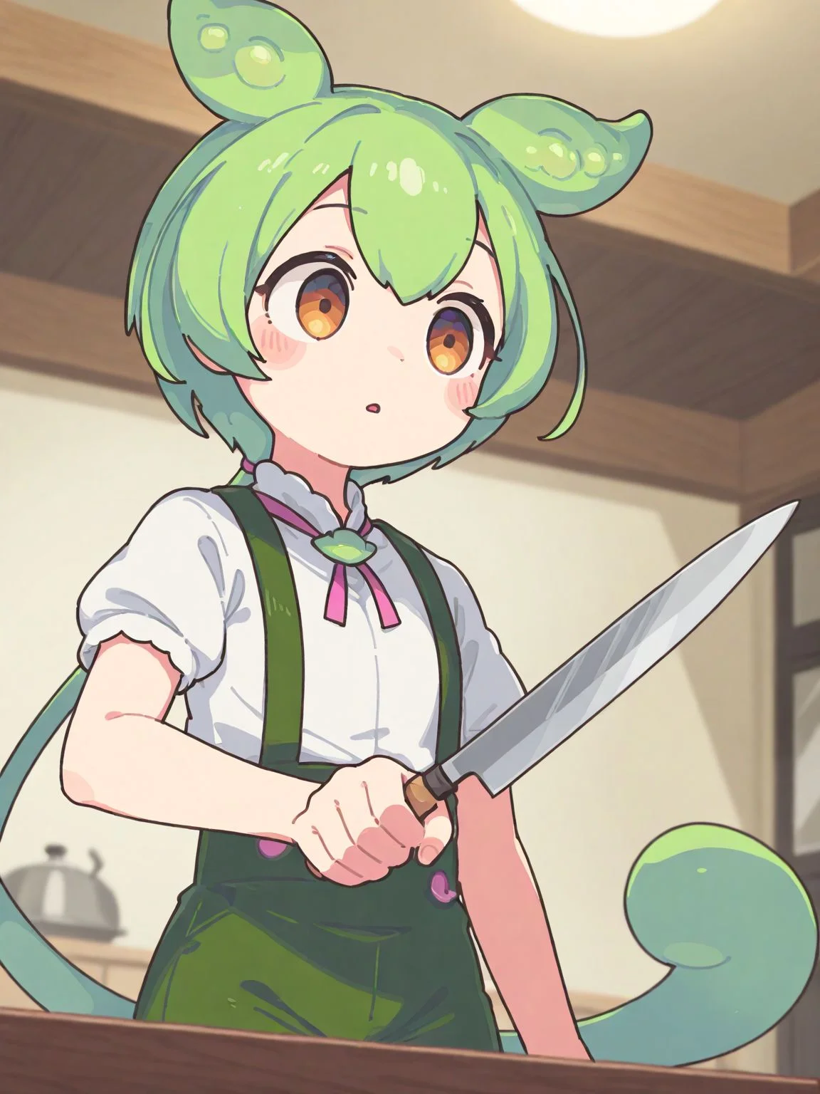 1girl,solo,<lora:HoldingKnife_Illustrious_V1.0:1.2>,holdkknife,holding,holding knife,kitchen knife,upper body,indoors,<lora:zundamon_XL_v2:0.8>,zundamon,voicevox,green hair,blush stickers,animal ears,long hair,low ponytail,hair ears,white shirt,short sleeves,suspender shorts,shorts,puffy sleeves,parted lips,