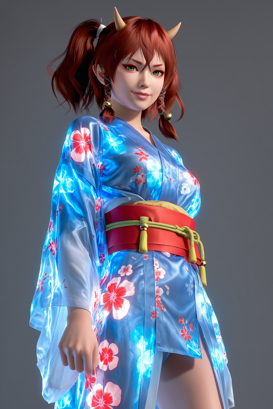 score_9,score_8,score_7_up,ultra detailed,realistic,high_contrast, kanna \(doa\), 1girl, oni, red hair, oni horns, v-shaped eyebrows, red eyebrows, green eyes, slit pupils, black eyelashes, red eyeliner, pointy ears, short twintails, braided sidelocks, hair between eyes, white hair tie, gold hair bell, grey tress ribbon,  from below ,looking at viewer ,looking at viewer,cowboy shot, mdeium  breast, standing, glowing kimono, blue kimono,smile,obi,arms behind back,see-through,aetherial    <lora:doa_kanna_pdxl_v11:0.6000000000000001> <lora:glowing-kimono-01:0.9>