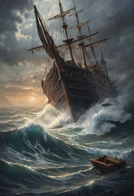 The image presents a dark and ominous nightscape. On a storming sea, a big wooden ship is pulled up a tremendous and foaming wave. The ship has torn sails and the mast is bending on a side. the moonlight passes through the heavy clouds and the torn sails. The moonlight casts eerie sparkles across the foaming sea. The sea is scattered with a few barrel and wooden boards near the ship. In the foreground, a man in the water holds firmly a wooden board and look towards the ship. a shark fin crosses a wave along the right side. The overall atmosphere is heavy with suspense, as if something sinister lurks in the darkness. A low mist rolls across the horizon. This scene evokes a feeling of isolation and danger.
romantic impressionism, dream scenery art, beautiful oil matte painting, romantic, style of thomas kinkade, beautiful digital painting, anime landscape, romantic painting, thomas kinkade style painting, dreamlike digital painting, colorful painting, beautiful gorgeous digital art, style thomas kinkade