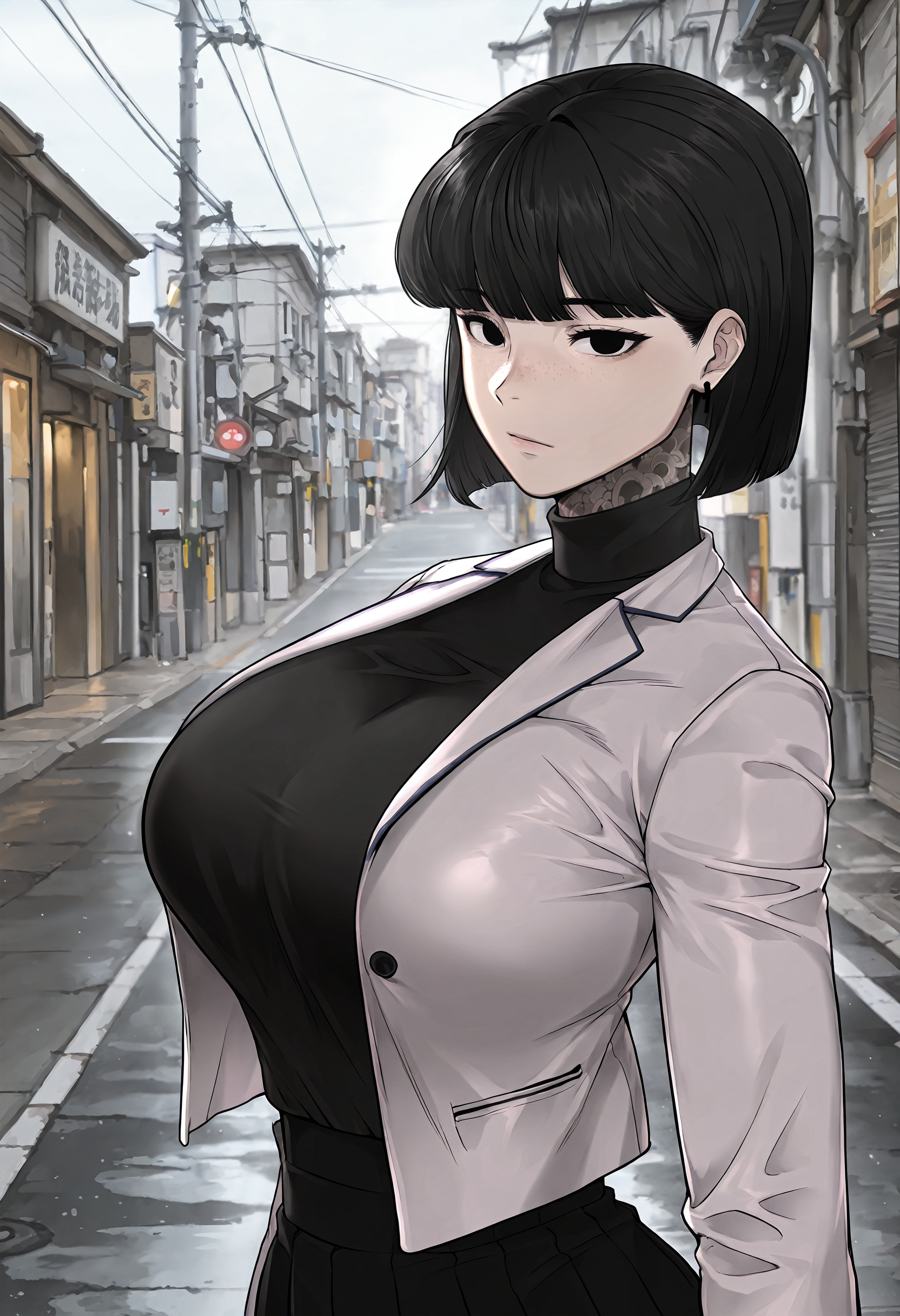 masterpiece, best quality, amazing quality, very aesthetic, absurdres, newest, scenery, 1girl, solo, huge breasts, <lora:Lee Jihyeon illustxl:0.9> black hair, black eyes, short hair, freckles, bob cut, neck tattoo, earrings, blunt bangs, full-body tattoo, leg tattoo, arm tattoo, white jacket, turtleneck sweater, black sweater, long sleeves, pleated skirt, black skirt, miniskirt, street, outside, standing, upper body, looking at viewer, shiny skin, masterpiece, best quality, amazing quality, very aesthetic, absurdres, newest, scenery, volumetric lighting