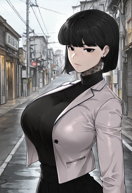 masterpiece, best quality, amazing quality, very aesthetic, absurdres, newest, scenery, 1girl, solo, huge breasts, <lora:Lee Jihyeon illustxl:0.9> black hair, black eyes, short hair, freckles, bob cut, neck tattoo, earrings, blunt bangs, full-body tattoo, leg tattoo, arm tattoo, white jacket, turtleneck sweater, black sweater, long sleeves, pleated skirt, black skirt, miniskirt, street, outside, standing, upper body, looking at viewer, shiny skin, masterpiece, best quality, amazing quality, very aesthetic, absurdres, newest, scenery, volumetric lighting