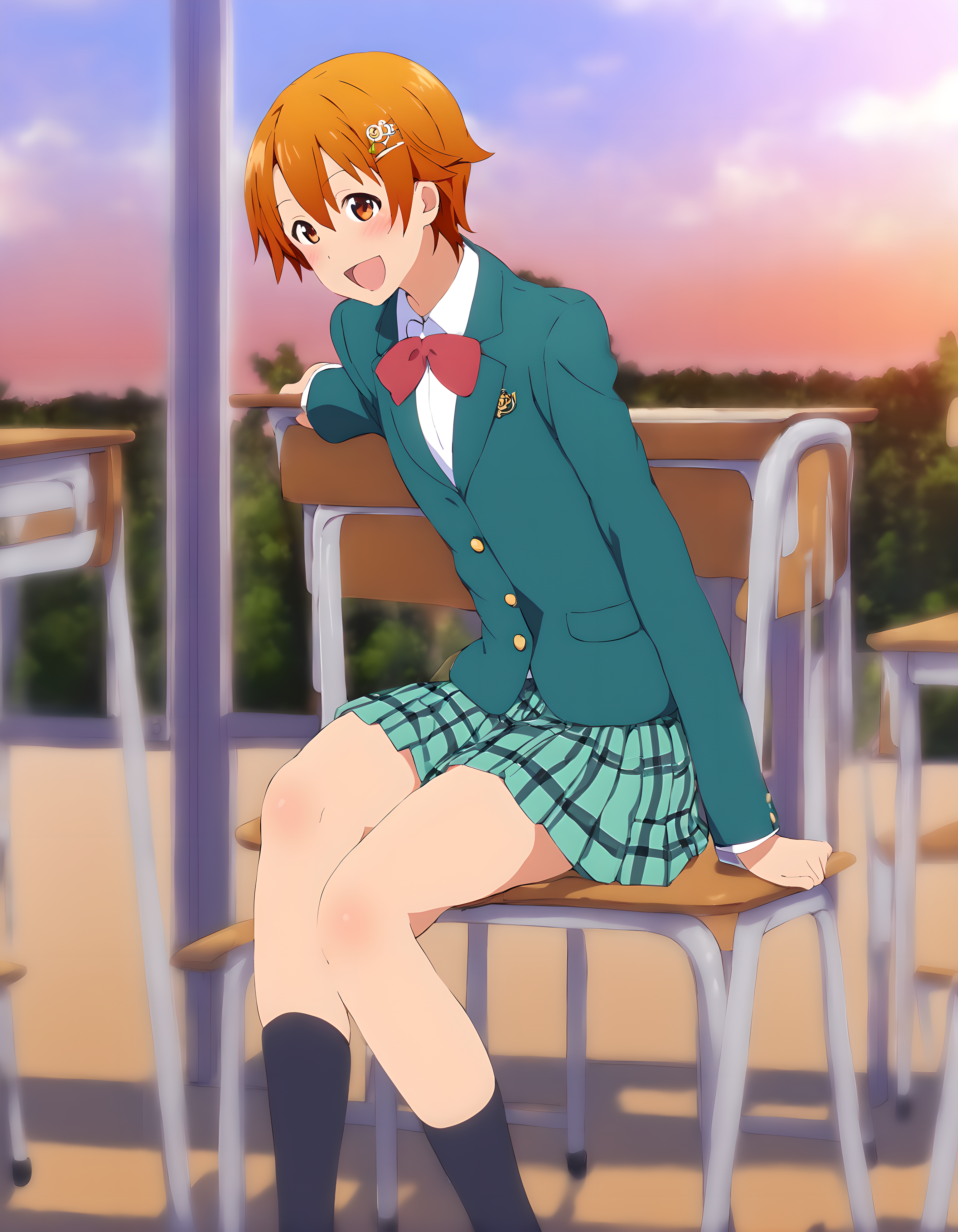 <lora:pony_xl_inami:1>,inami,1girl,best quality,masterpiece,super fine illustration,solo,skirt,school uniform,blazer,red bow,green skirt,pleated skirt,plaid skirt,black socks,day,classroom,sitting_on_chair,happy,light_blush,;d,cowboy_shot,