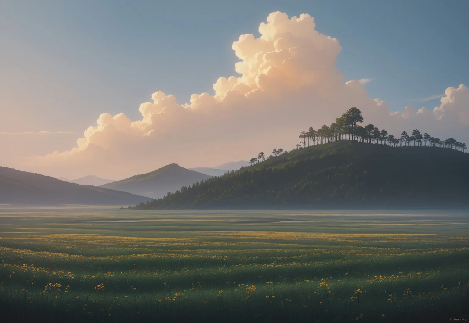 score_9, score_8_up, masterpiece, best quality, absurdres, highres, high quality, highly detailed, landscape photography, fields of golden grain, bright blue sky with white wisps of cloud, evergreen trees, natural lighting, high contrast, vibrant color, arcane