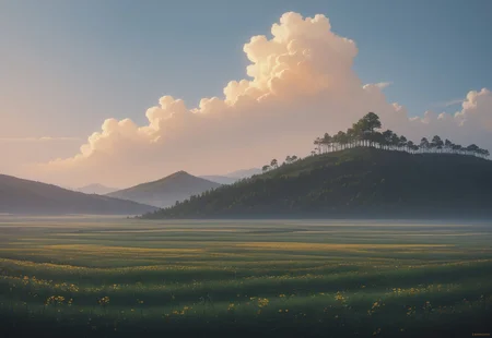 score_9, score_8_up, masterpiece, best quality, absurdres, highres, high quality, highly detailed, landscape photography, fields of golden grain, bright blue sky with white wisps of cloud, evergreen trees, natural lighting, high contrast, vibrant color, arcane