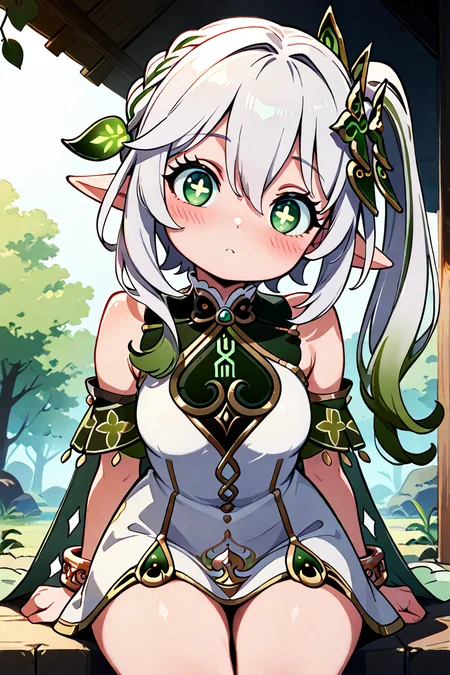 masterpiece, best quality, 32k, high resolution, absurdres, medium breasts, (curvy), cute, eyelashes, vivid colors, BREAK  ,,, zzNahida, green eyes, cross-shaped pupils, symbol-shaped pupils, long hair, multicolored hair, pointy ears, white hair, hair ornament, gradient hair,  side ponytail, green hair, hair between eyes, leaf hair ornament, sidelocks, white dress, detached sleeves, sleeveless dress, bracelet, bare shoulders, outdoors, short sleeves, sitting, green cape  <lora:NahidaGenshinIXL:1.0>,,,,,, smile, looking at viewer, leaning forward, head tilt, blush,,, <lora:GoldenCATLoraIXL:0.6>, <lora:ZankuroIXLLight_v2:0.6>, <lora:princess_xl_v2:0.3>,