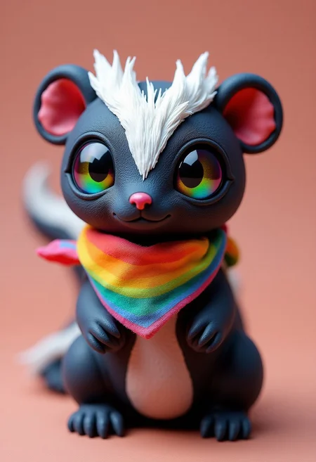 a cute chibby skunk (made out of clay) with big rainbow eyes, it wears a cool rainbow bandana, very detailed, 4k, sharp