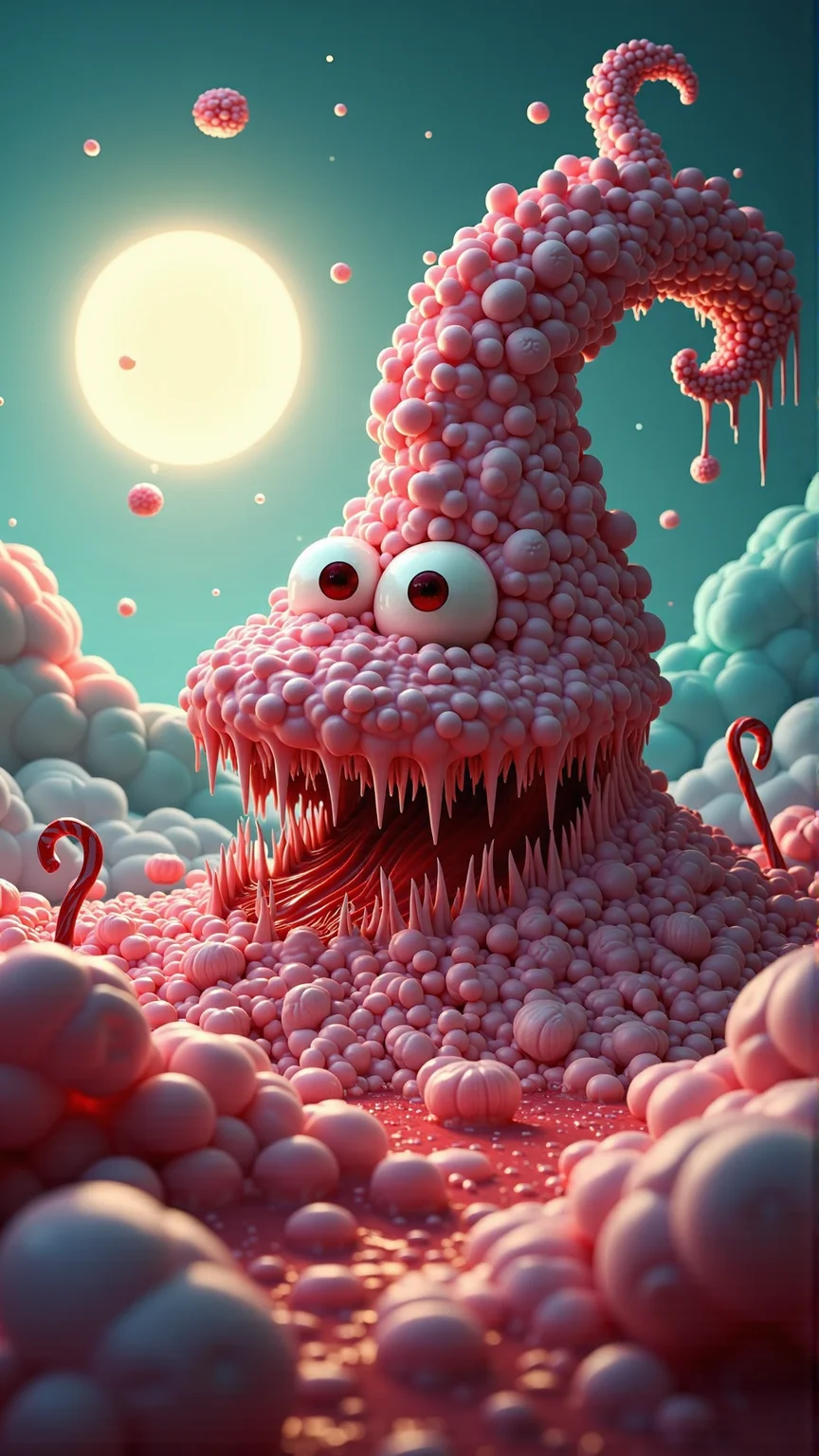A realistic photo, dark style, atmospheric, of a CarnageStyle red bloody gore red slime A world made of cotton candy and marshmallows, soft pastel colors, whimsical and dreamlike, melting textures, playful and imaginative, billowy clouds, fluffy grass, candy cane trees, pastel-colored skies, glowing sun, floating islands, mysterious and magical, detailed and intricate, artistic and high-quality, dramatic and vibrant., macabre violence, NSFWphotography,center framed,eye-level shot,balanced perspective,(cinematic,teal and orange:0.85),movie still,(composition),neoclassicism,characteristics of the light,(back view:1.5),shot on Nikon D850 with Nikkor 50mm f-1.8 <lora:CarnageStyleFlux:1>