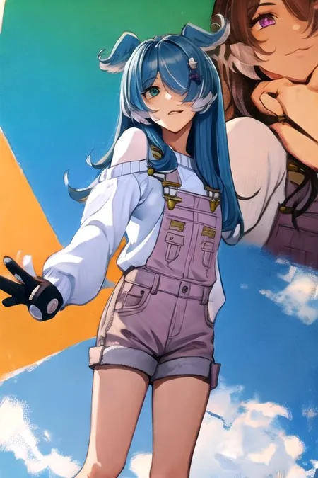 solo, 1girl, solo_focus, (((masterpiece))), ((best quality)), ((ultra-detailed)), high resolution, absurdres, highres, ultra-detailed 8k unity wallpaper,
elira1st, long sleeves, overalls, white sweater, off shoulder, grey gloves, one eye covered, overall shorts