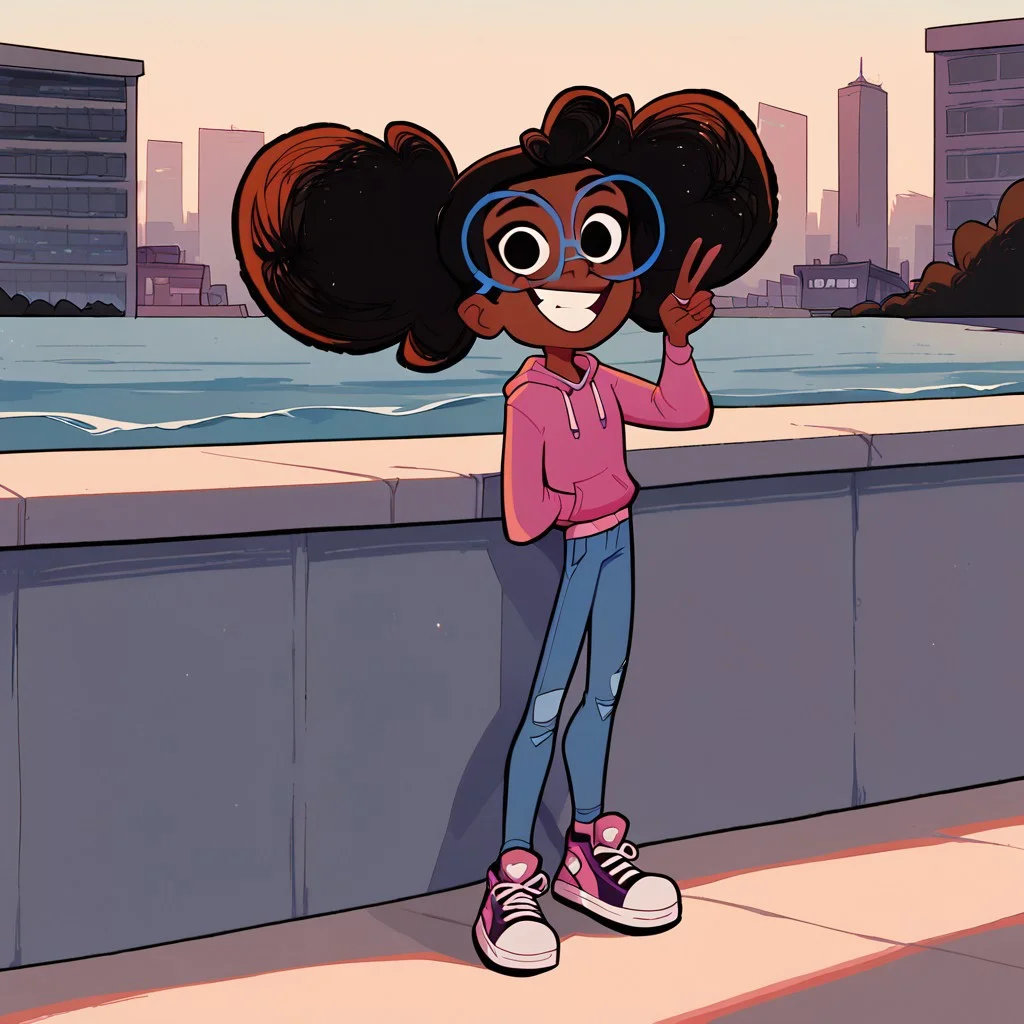 score_9, score_8up, score_7up, score_6up, 1girl, black eyes, lunella, dark skin, glasses, black hair, solo, glasses, pink hoodie, grey jeans, pink shoes, cowboy shot, peace sign, city streets, looking at viewer, smiling, blue framed glasses, eyes half lidded,
outdoors, beach , sunny day, overcast, leaning back, front view