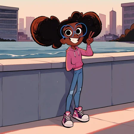 score_9, score_8up, score_7up, score_6up, 1girl, black eyes, lunella, dark skin, glasses, black hair, solo, glasses, pink hoodie, grey jeans, pink shoes, cowboy shot, peace sign, city streets, looking at viewer, smiling, blue framed glasses, eyes half lidded,
outdoors, beach , sunny day, overcast, leaning back, front view