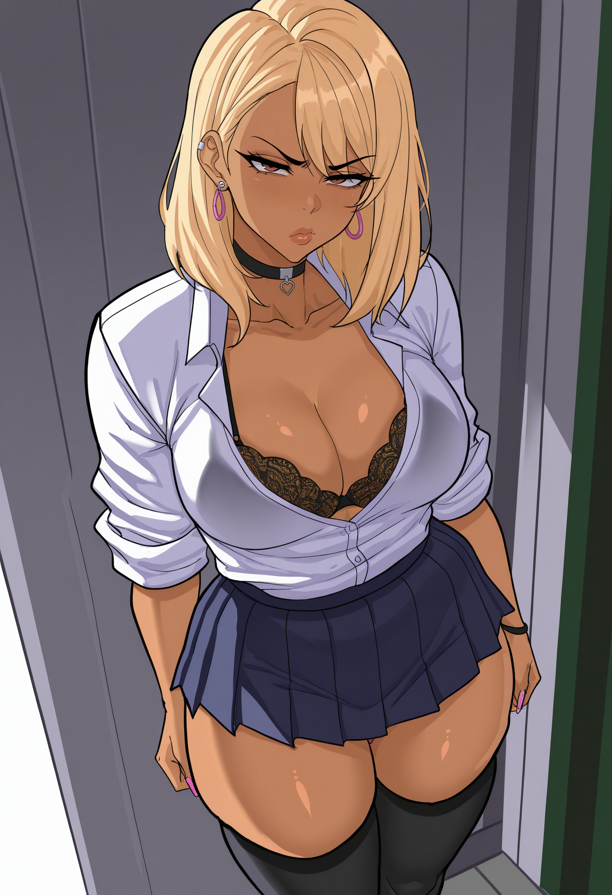 masterpiece, best quality, uncensored,
 <lora:cyberboi:1> c1b3rb01, 1girl, solo,standing, looking at viewer, disdain,blonde hair, medium hair, gyaru, medium breasts,school uniform, skindentation, cleavage, skirt, thighhighs, choker, earrings, sleeves rolled up, underwear, bra,
