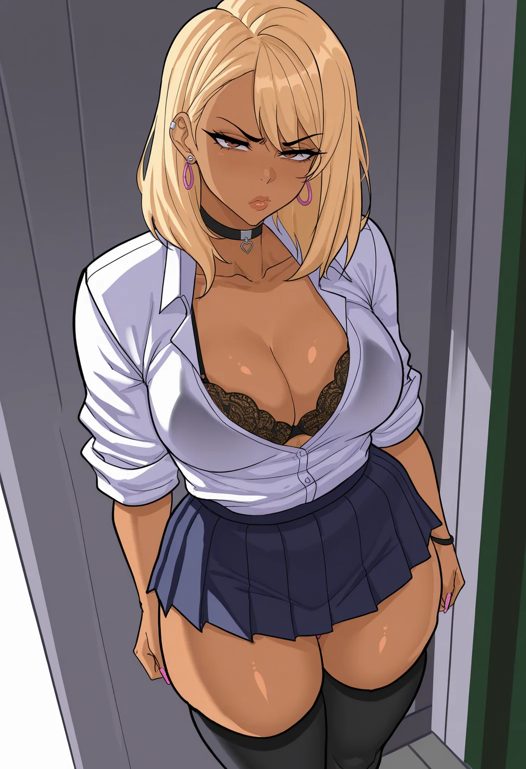 masterpiece, best quality, uncensored,
 <lora:cyberboi:1> c1b3rb01, 1girl, solo,standing, looking at viewer, disdain,blonde hair, medium hair, gyaru, medium breasts,school uniform, skindentation, cleavage, skirt, thighhighs, choker, earrings, sleeves rolled up, underwear, bra,