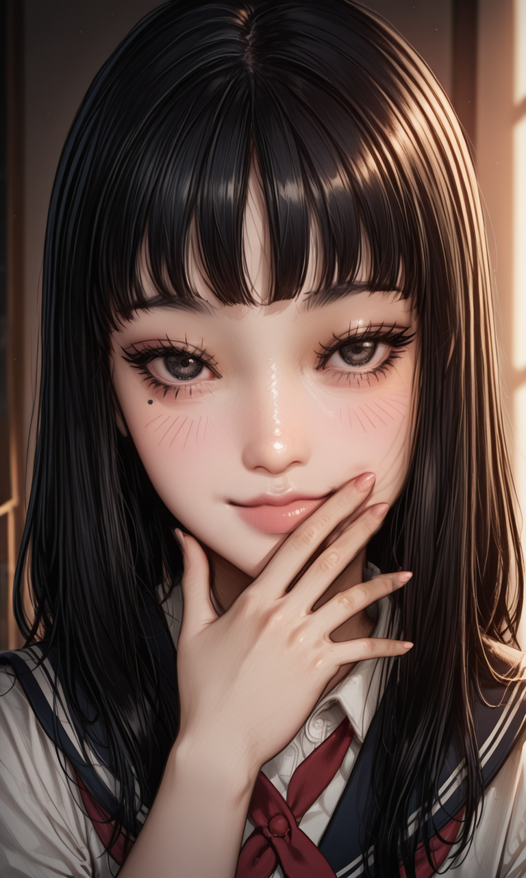 1girl, tomi3, black hair bangs, school uniform, close-up, mole, lips, eyelashes, mole, hand over mouth, giggle, blush, eyelashes, dramatic lighting, dark lighting, contrast lighting, looking at viewer, embedding:IllustriousQual, embedding:Smooth Quality, 1girl, tomi3, black hair bangs, school uniform, close-up, mole, lips, eyelashes, mole, hand over mouth, giggle, blush, eyelashes, dramatic lighting, dark lighting, contrast lighting, looking at viewer, embedding:IllustriousQual, embedding:Smooth Quality,<lora:MoriiMee_Gothic_Niji_Style_Illustrious_r1.safetensors:0.2:0.2> <lora:tomi3.safetensors:1:1>