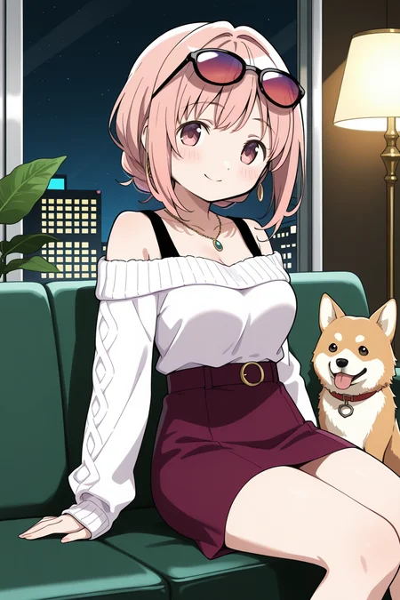<lora:PuellaMagi:1>, PuellaMagi, 1girl, couch, skirt, eyewear on head, jewelry, indoors, dog, looking at viewer, red skirt, long sleeves, lamp, on couch, plant, smile, night, sitting, blush, shirt, sunglasses, solo, window, necklace, off shoulder, purple skirt, breasts, sweater, fur trim, tinted eyewear, bare shoulders, animal, miniskirt, closed mouth,
