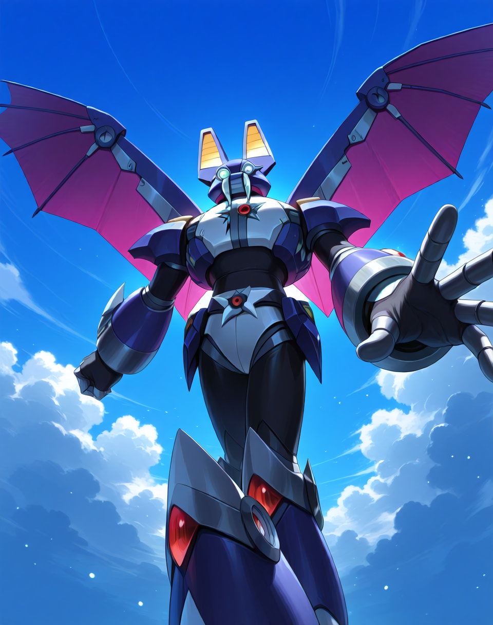 <lora:Dark_Necrobat_(Mega_Man_X)_(Illustrious)_(AD):1.5> Dark Necrobat, reploid, MMX, 
exterior, blue sky with clouds,
male focus, intense shadows, dynamic shadows, intricate details, attention to details, gradient coloring, bright vivid colors, robot, 
BREAK very awe, masterpiece, best quality, amazing quality, very aesthetic, highres, absurdres,
EZRealPONYXL, zPDXL, Smooth Quality, lazynsfw,
