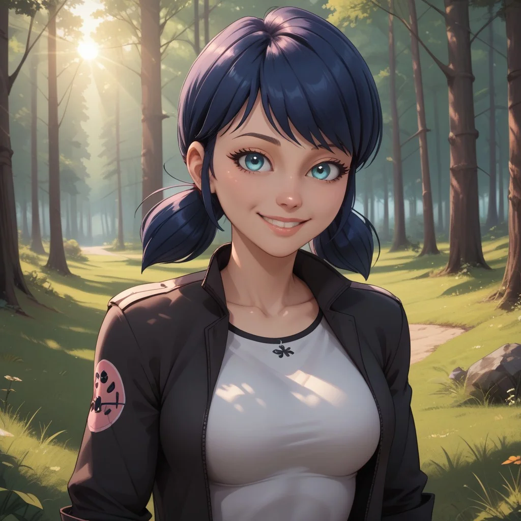 score_9, score_8, BREAK, solo, Marinette Dupain-Cheng, Dark blue hair, standing, tight jeans, pink pants, white shirt, black jacket, sexy pose, self portrait, smile, looking at viewer, outdoors, sunlight, shadows, evening lighting, natural lighting, forest, trees, grass, orange sky, sunset