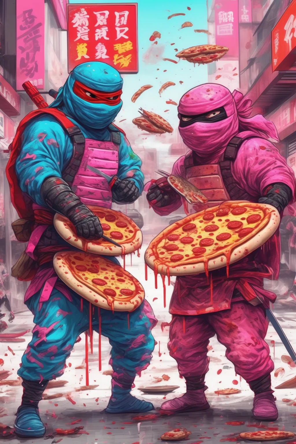 <lora:Liam Wong Style:1>Liam Wong Style - An apocalyptic showdown between pizza-slinging ninjas and burger-flipping samurais, 8K, sketched in a vibrant street art style.