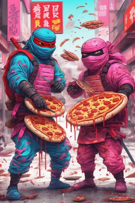 <lora:Liam Wong Style:1>Liam Wong Style - An apocalyptic showdown between pizza-slinging ninjas and burger-flipping samurais, 8K, sketched in a vibrant street art style.