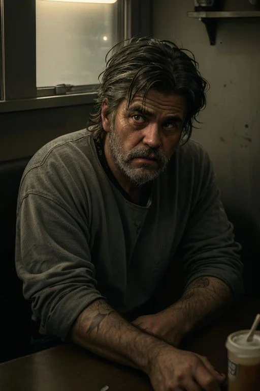 Gritty Portrait Photo of a weary, rugged individual sitting in a sparse, nondescript diner, his eyes betraying a sense of resigned acceptance, illuminated by the stark, fluorescent light overhead, from a close-up perspective, showcasing the film's exploration of fate, inevitability, and the changing nature of the world  <lora:more_details:0.7>  <lora:picxer_real:0.7>