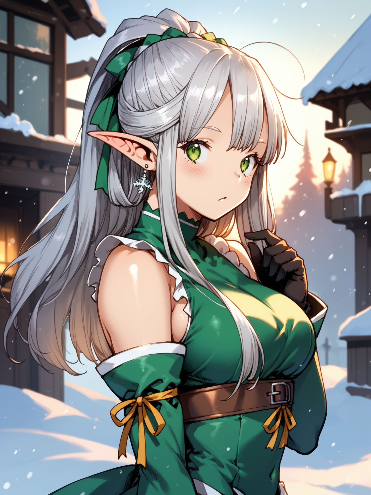 (upper body, solo focus:1.2) <lora:happy_tentacle-himono_elf-v0.1-000024:1>, ht_himono_elf, green eyes, silver hair, large breasts (petite:1.2), <lora:Shed_The_Skin's StS_age_slider_v1_initial_release:-1.2> ( (sleeveless :1.1) :1.1) ( , , ( :1.2) , , looking back :1) , outdoors, vegetation, ( :1.1), winter, snow , (dusk :0.6), , (:0.5), , (european architecture :0.9), (magical girl, layered clothes:1.2), frills, bow, navel, detached sleeves, gloves, earrings, eyeliner, hair ribbon, thigh boots, (( from side :1.3) :0.8) score_9, score_8_up, score_7_up, score_6_up, score_5_up, score_4_up, ( [(realistic, photorealistic:1.3):(realistic:1.2):16] [(3d:1.2)::14] :1) <lora:LUUNA's Lunas-NijiJourney-SDXL-B2:0.35>, nijijourney <lora:prgfrg23's Counterfeit-V3.0 Style SDXL_LoRA_Pony Diffusion V6 XL:0.5> <lora:mfcg's mfcgXL:0.12> <lora:reweik's gyokai(himehajime)_PonyXL_style_v01:0.14>