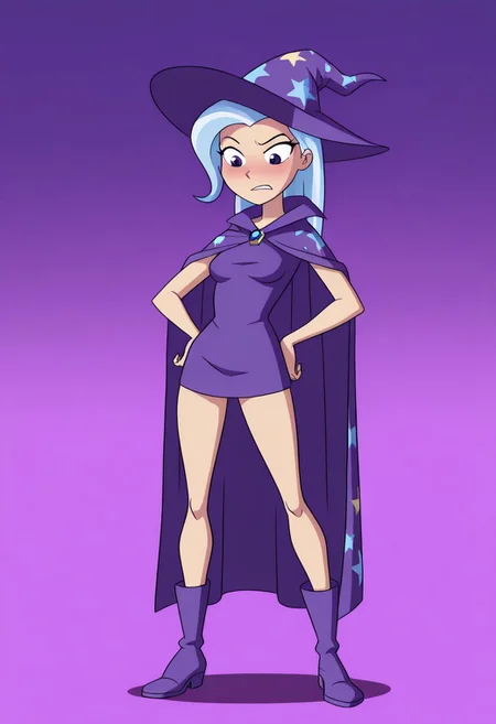 masterpiece,best quality,amazing quality, source_anime, full body shot, 1girl, solo, TrixieHuman, TrixHat, TrixCloak, standing,