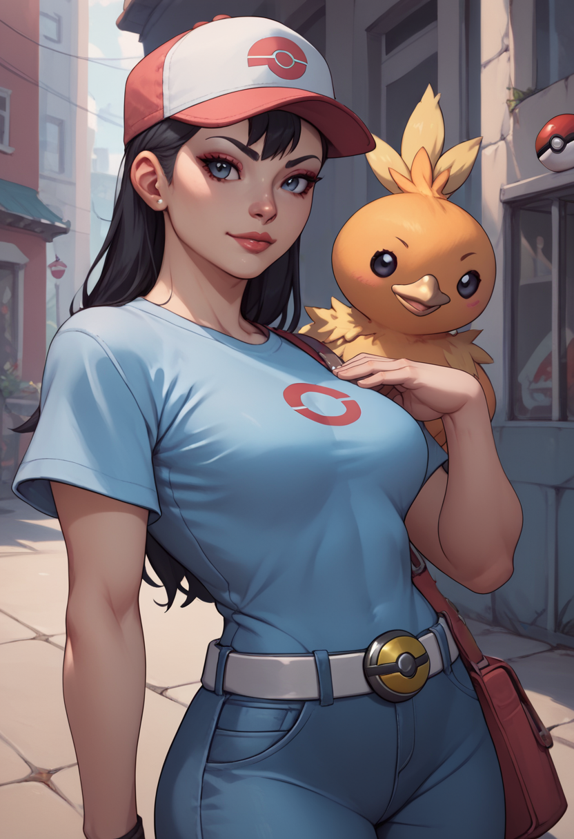score_9, score_8_up, score_7_up, score_6_up, score_5_up, score_4_up, <lora:chunliSDXL:1> chunliSDXL, cap, good hands, torchic on shoulders, pokeball at belt, black hair, makeup, <lora:torchic_pony_v1:1>,