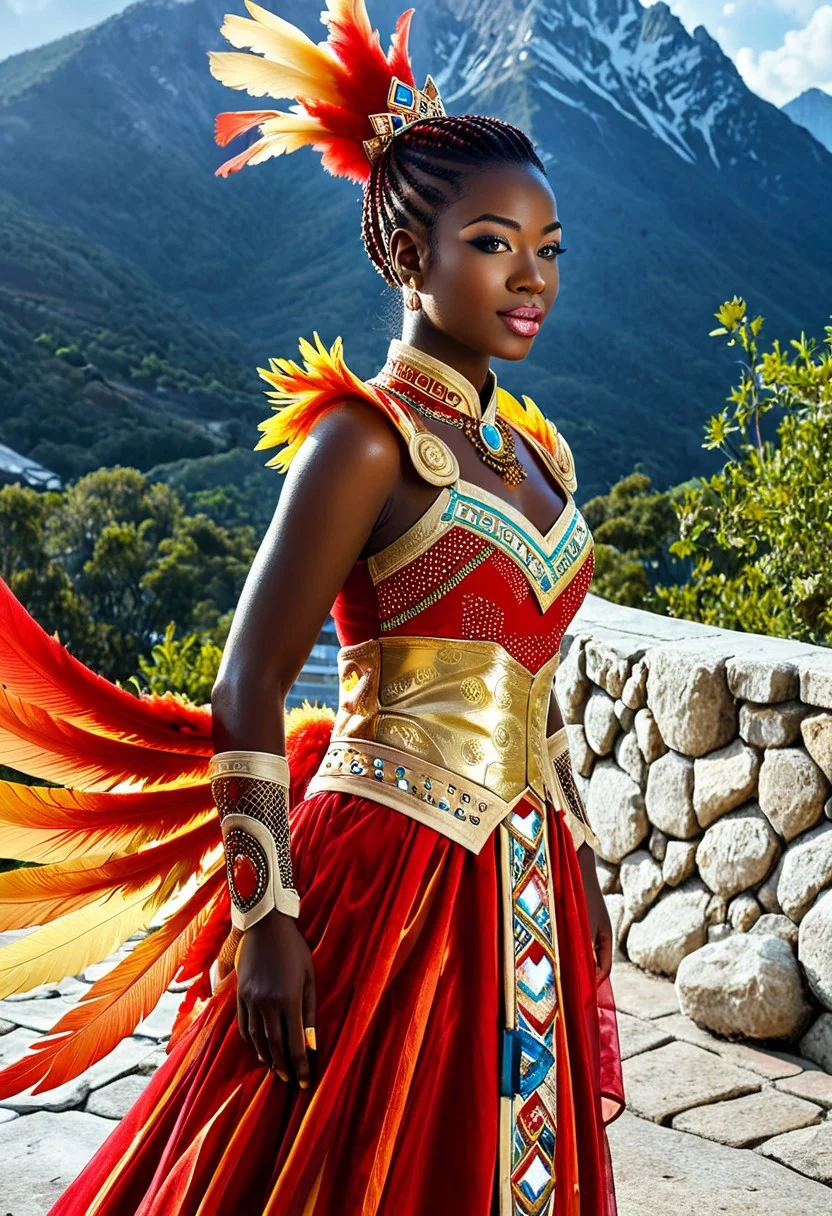 (high quality), (masterpiece), (detailed), 8K, Hyper-realistic depiction of (1girl1.3) African. with (phoenix-inspired outfit1.4). (Fiery feathers1.3) adorn (ornate shoulder piece1.2), (golden accents1.2) shimmer against (crimson fabric1.2). framed by (firey aura1.3), (dynamic lighting1.3) highlights intricate details. Dynamic pose, mountain background, stormy ambience.