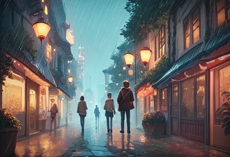score_9, score_8_up, score_8. score_9, score_8_up, score_7_up, masterpiece, 4k, high quality, (best quality:1.1),anime, beautiful drawing, rainy street, a melancholic nerd looks at the sky with rain mixed with tears and wonders about the future