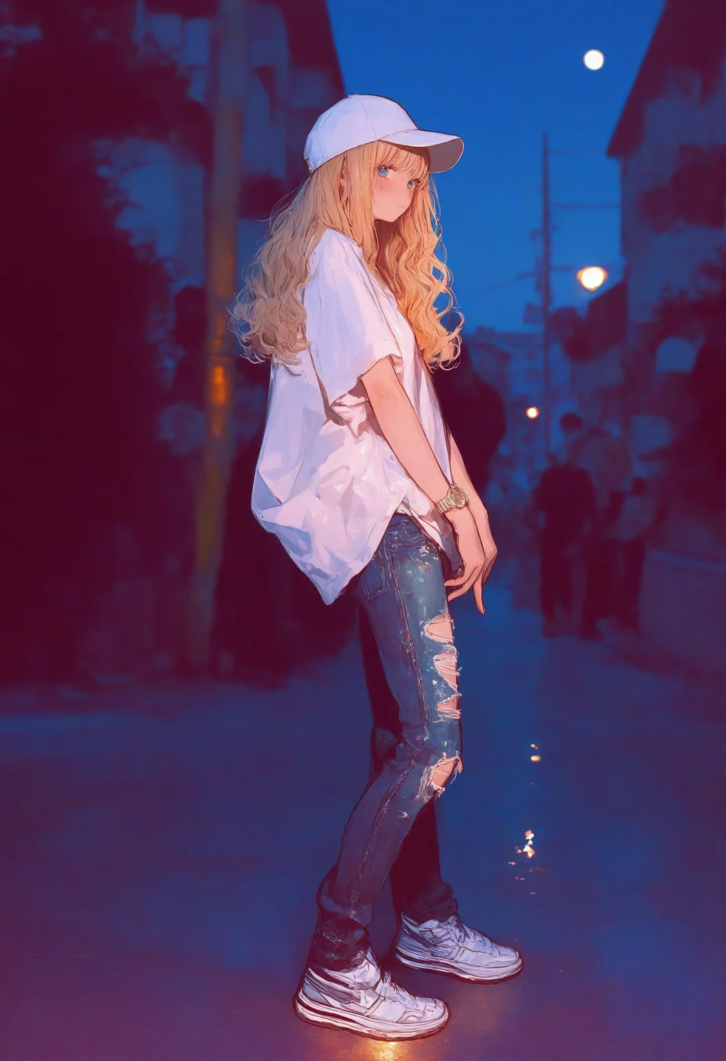 1girl, 1boy,
realistic, photo background, 748cm, hat, solo, long hair, blonde hair, shirt, pants, white headwear, white shirt, denim, baseball cap, night, profile, jeans, watch, standing, from side, moon, wristwatch, blurry, outdoors, short sleeves, torn pants, blurry background, t-shirt, looking at viewer, shoes, closed mouth, blue eyes, wavy hair, torn clothes, white footwear, blush, full body,
A young woman standing on a street at night. she is wearing a white baseball cap, a gray t-shirt, ripped jeans, and black sneakers. the background shows a cityscape with buildings and trees. the sky is dark and there are stars visible in the distance.
masterpiece, best quality
<lora:748cm-NoobEPS100-lokr-v03-000080:1>