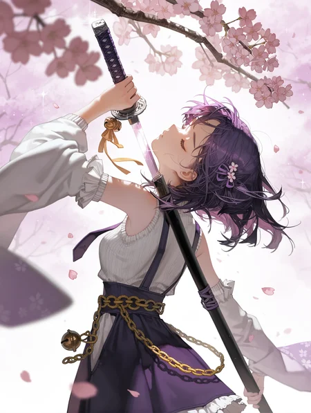 soli, 1girl, purple hair, medium hair, dark purple high-waisted Suspender short skirt, Detached sleeves, white furisode, white Ruffle sweater, bow hair accessory with bell, yellow chain belt, tie, turning around, floating hair, closed eyes, open arms, holding katana, unsheathing, facing up, sparkle, sparkle blade, scenery, portrait, three-quarter view, blurry foreground, depth of field, cherry blossoms, falling petals, branch, pink and purple theme, from behind, photorealistic, sensitive, chyoel,solar,[kuzuvine],[[dino (dinoartforame)]],[[[ciloranko]]],
,masterpiece,best quality,amazing quality,