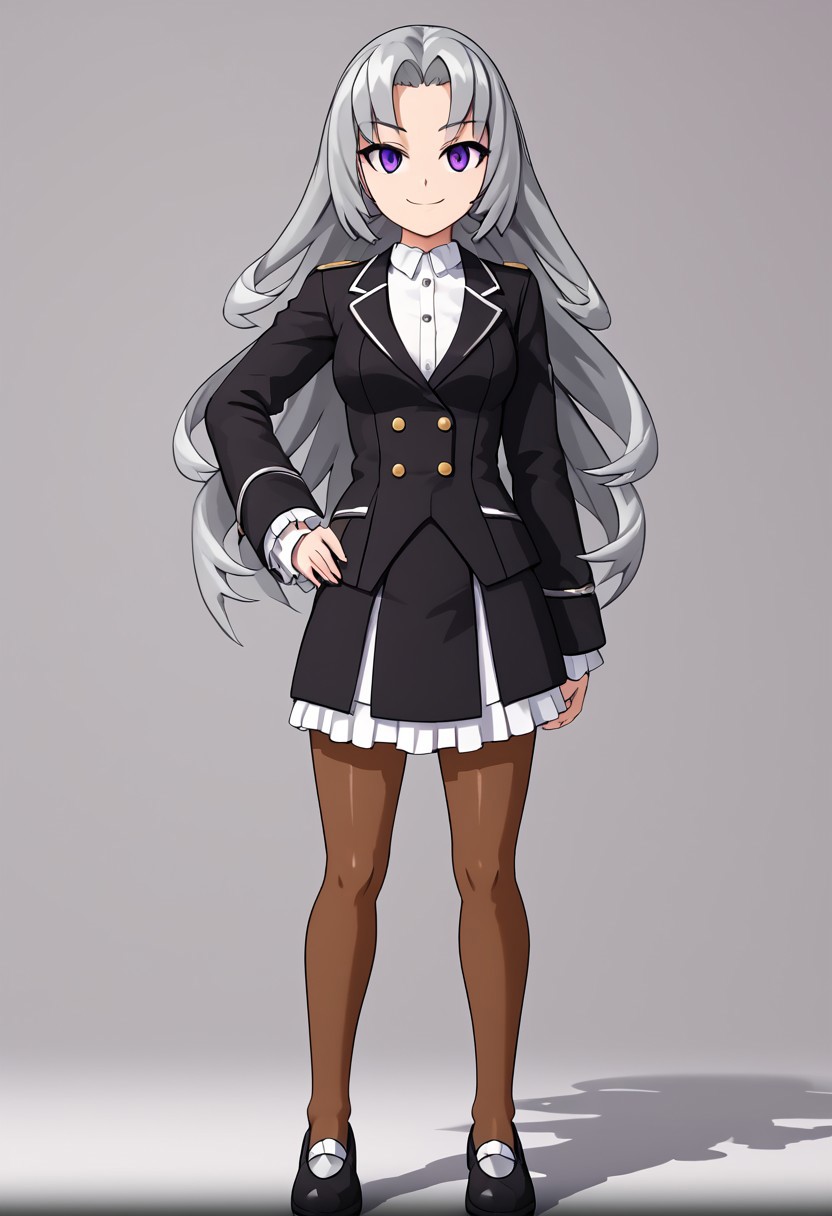 score_4,score_5,score_6,score_7_up,score_8_up,score_9
((masterpiece,best quality,ultra detailed,highres,HD,4k:1.2)),
1girl,solo,grey hair,long hair,Forehead,parted bangs,purple eyes,Strong-willed, strong-willed woman, sharp eyes, slanted eyes,
Black jacket,long sleeves,white shirt,black skirt,pantyhose,brown pantyhose,black shoes,
hand on hip,standing,
smile,