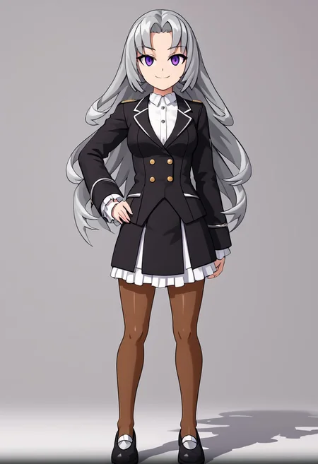 score_4,score_5,score_6,score_7_up,score_8_up,score_9
((masterpiece,best quality,ultra detailed,highres,HD,4k:1.2)),
1girl,solo,grey hair,long hair,Forehead,parted bangs,purple eyes,Strong-willed, strong-willed woman, sharp eyes, slanted eyes,
Black jacket,long sleeves,white shirt,black skirt,pantyhose,brown pantyhose,black shoes,
hand on hip,standing,
smile,