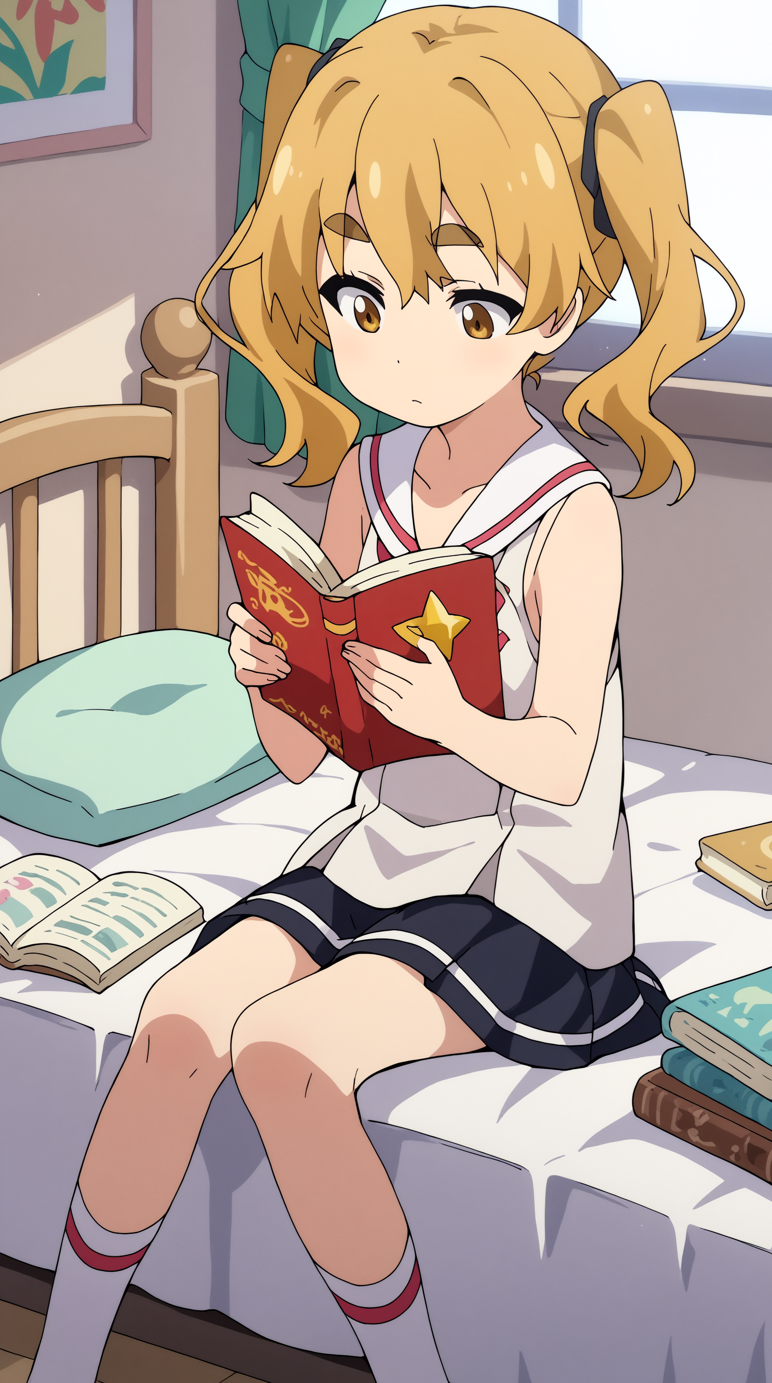 score_9, score_8_up, score_7_up,anime_source, source_anime, best   Hikaru Pleiades, Main Outfit, solo, holding, sitting, book, bed, reading  <lora:JN_Hikaru_Pleiades_Pony:0.8>