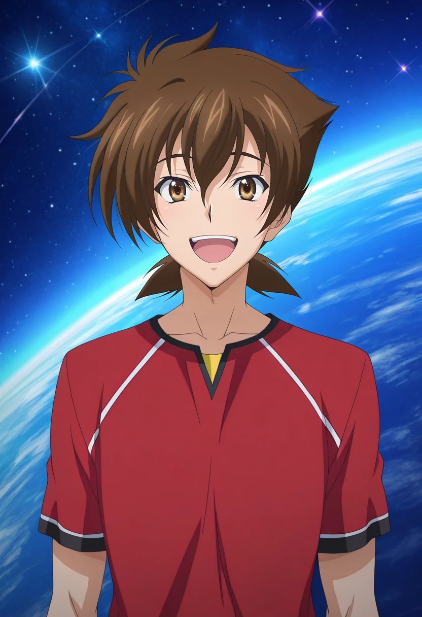 masterpiece, best quality, , anime screencap, , , looking at viewer, 1boy, solo, male focus, <lora:issei_hyoudou_ilxl:1>, issei_hyoudou, brown hair, brown eyes, hair between eyes, short hair, , upper body, space, stars, day, sunny, arms at sides, laughing,