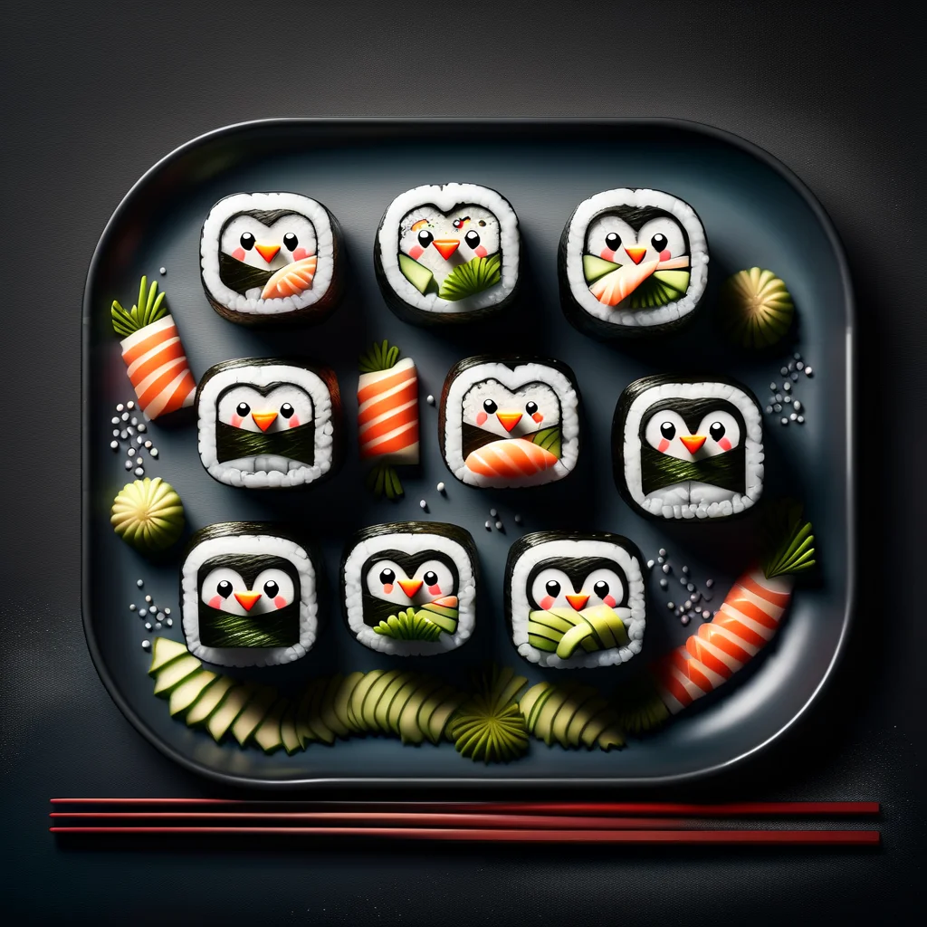 bentobox, food, sushi, bird, no humans, closed eyes, food focus, animal focus, blush, chopsticks, ^ ^, penguin, makizushi