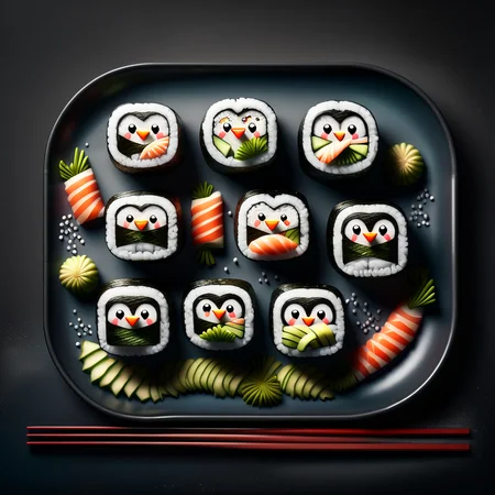 bentobox, food, sushi, bird, no humans, closed eyes, food focus, animal focus, blush, chopsticks, ^ ^, penguin, makizushi