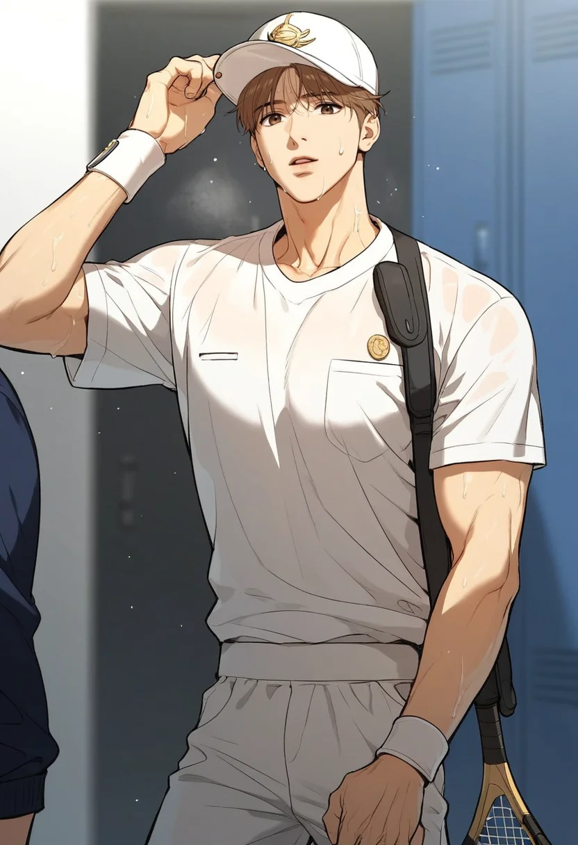 score_9,score_8_up,score_7_up,1boy,solo,male focus,yaoi,bara,male focus,fairly nsfw,uncersored,highres,best quality,amazing quality,best aesthetic,absurdres,<lora:add-detail-xl:1>,tennis_uniform,standing,holding hat,looking at viewer,sweat,parted lips,<lora:Expressive_H:1>,Expressiveh,<lora:Dan:0.6>,dan,brown hair,brown eyes,