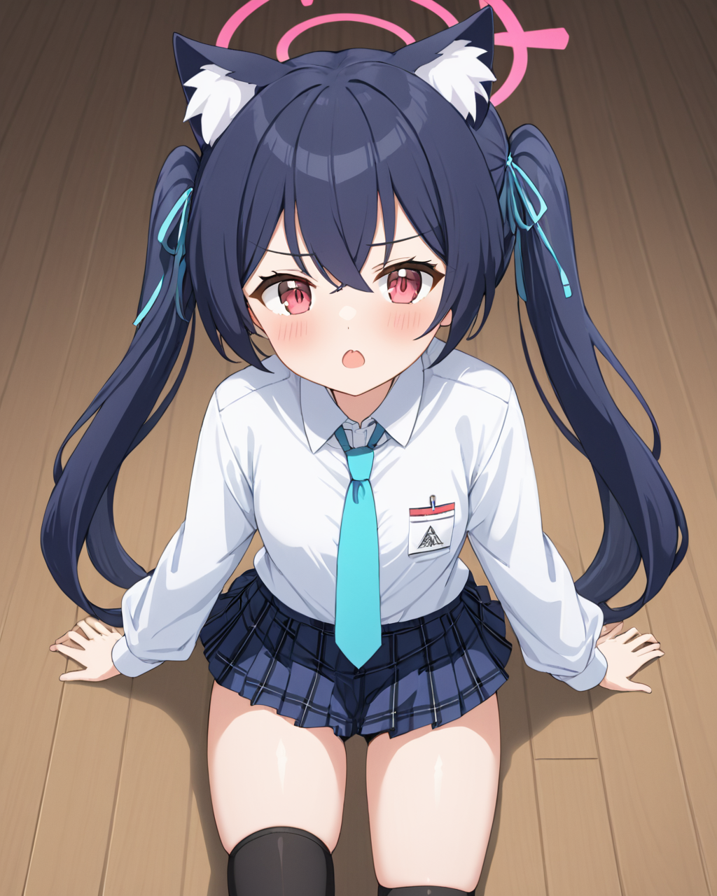 serika \(blue archive\),1girl, halo, solo, twintails, necktie, looking_at_viewer, plaid_skirt, school_uniform, hair_ribbon, bike_shorts, animal_ear_fluff, blush, thighhighs, white_shirt, long_sleeves, open_mouth, collared_shirt, pleated_skirt
<lora:serika_(blue_archive)_image1321_2023-11-28-000012:1>halo. gorgeous,key visual, vibrant, studio anime,award-winning, professional, highly detailed,high budget, cinemascope