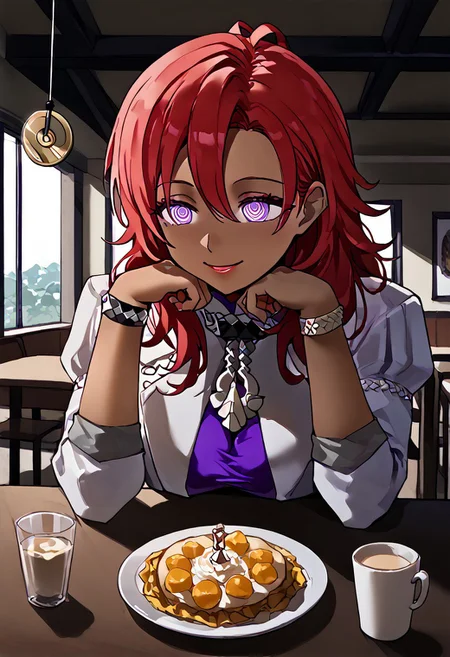 Hapi being hypnotized,
score_9, anime, 1girl, lewd, smooth,
mind control, hypnosis, ((pendulum in front of face)), @ @, holding pendulum, looking at pendulum,
<lora:pov-across-table-ponyxl-lora-nochekaiser:1> pov across table, pov dating, restaurant, table, meal, care, cup, head rest, smile, elbow on table, food, elbow rest, (disembodied hand),
defHapi, dark skin, white jacket, pendant, purple crop top, white skirt, bracelet, single thighhigh, black boots, cleavage, red hair,